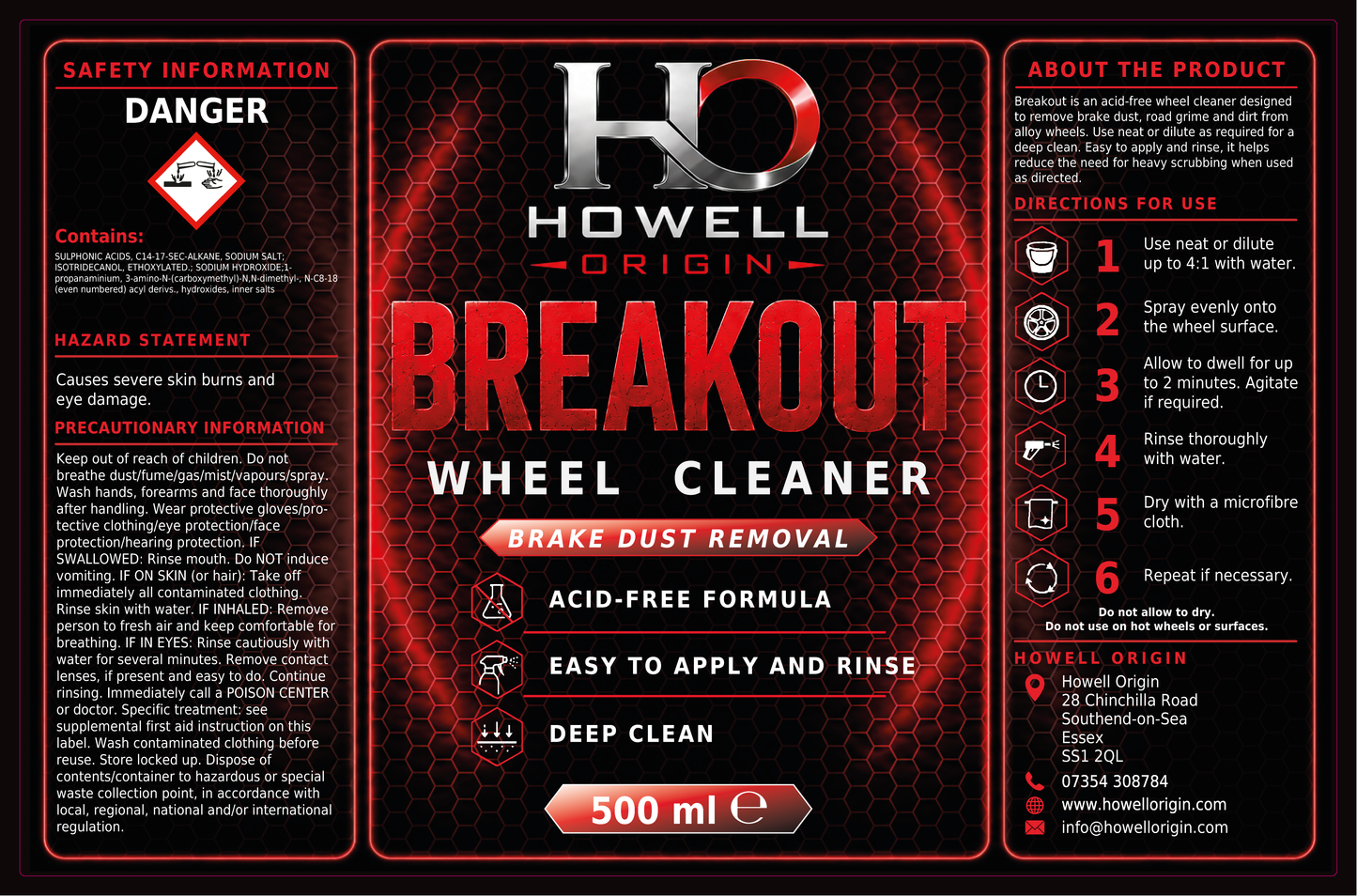 A 500 ml bottle of Howell Origin Breakout Wheel Cleaner, featuring a black and red label with safety information, product details, and application instructions.