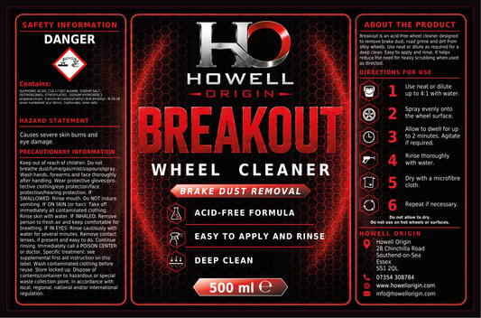 A 500 ml bottle of Howell Origin Breakout Wheel Cleaner, featuring a black and red label with safety information, product details, and application instructions.
