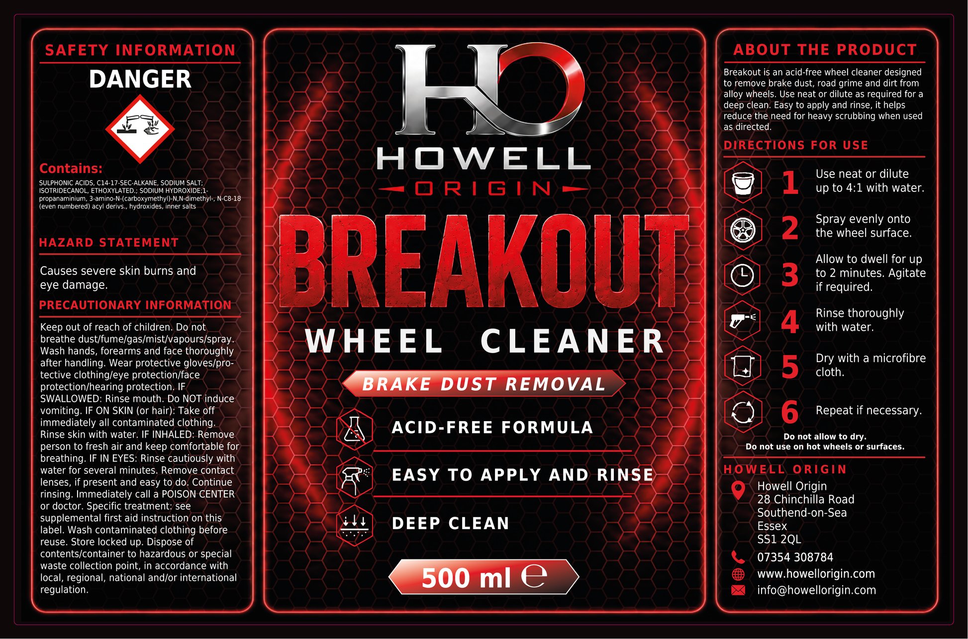 A 500 ml bottle of Howell Origin Breakout Wheel Cleaner, featuring a black and red label with safety information, product details, and application instructions.