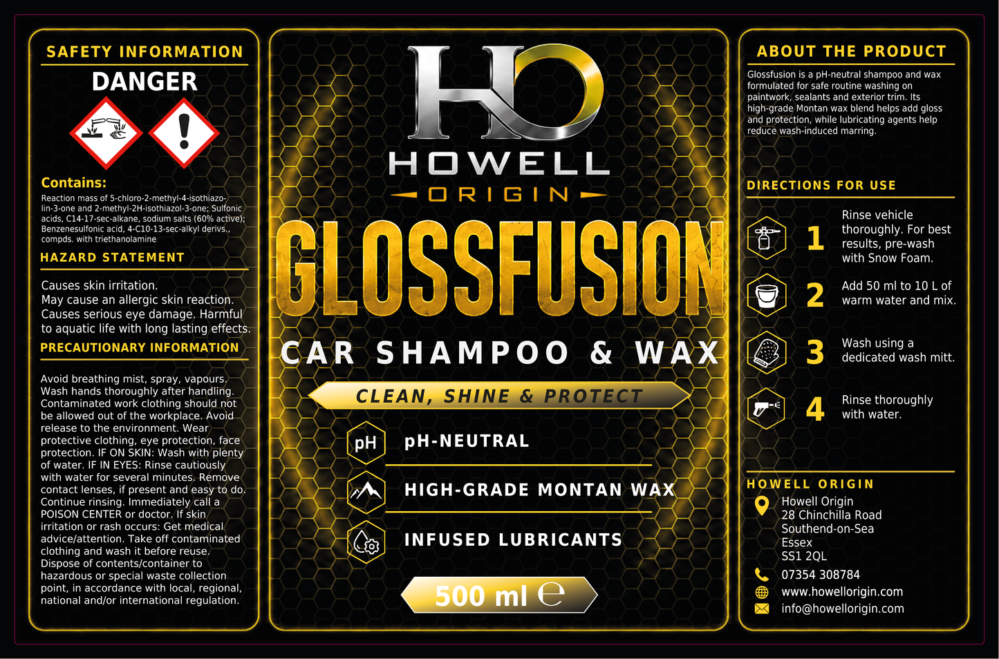 A 500 ml bottle of Howell Origin Glossfusion Car Shampoo & Wax, featuring a black and gold label with safety information, directions, and product features.