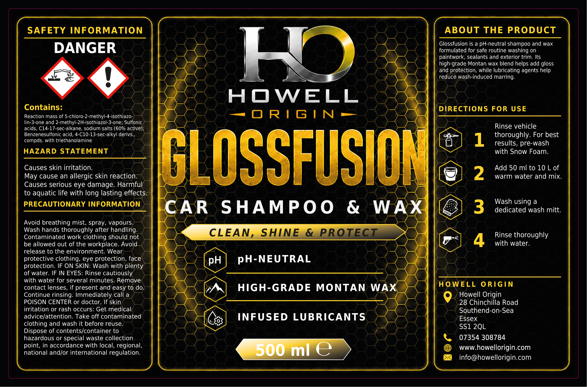 A 500 ml bottle of Howell Origin Glossfusion Car Shampoo & Wax, featuring a black and gold label with safety information, directions, and product features.