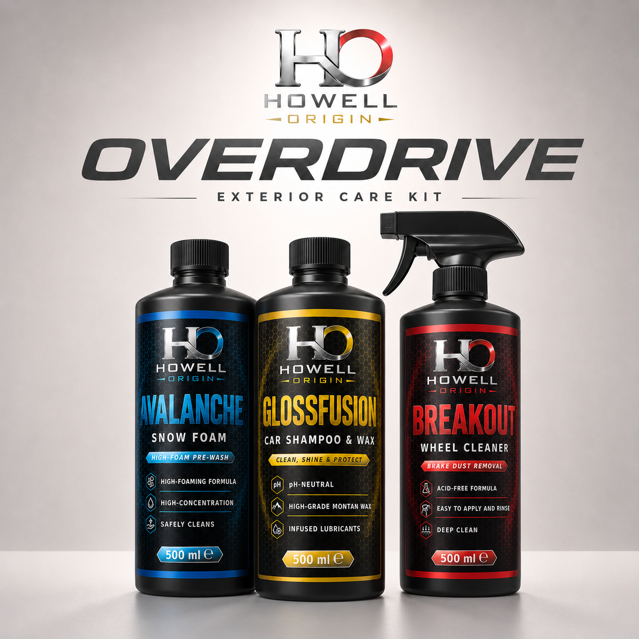 Three HO Origin Overdrive Exterior Care Kit bottles displayed against a light gray gradient background with the HO Origin Overdrive logo above. The bottles are Snow Foam (blue), Glossfusion Car Shampoo & Wax (gold), and Breakout Wheel Cleaner (red).